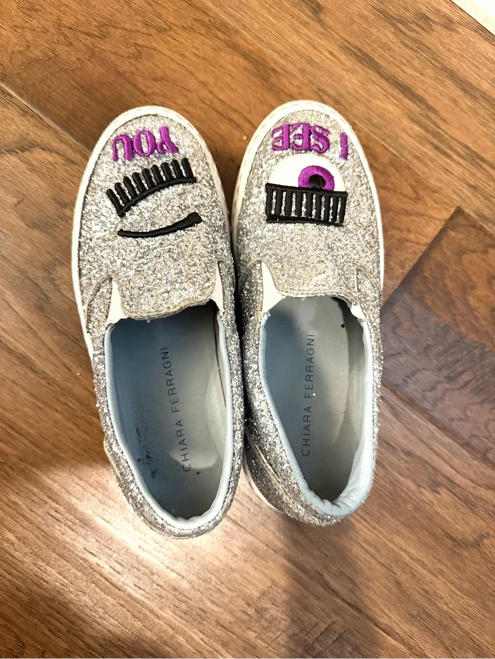 CHIARA FERRAGNI ITALY SHOES WINK EYE SILVER GLITTER LEATHER SLIP ON SNEAKER